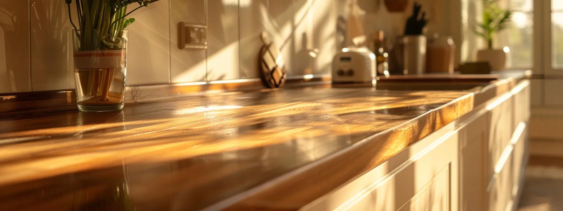 a gleaming, well-polished solid wood cabinet catching the sunlight in a pristine kitchen setting.