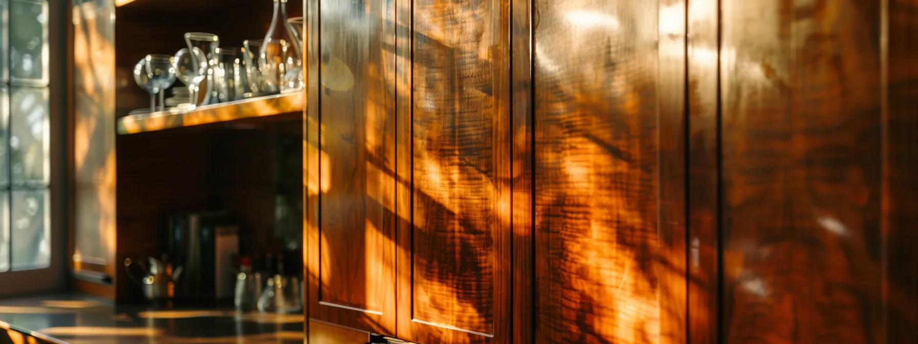 a glossy, richly stained solid wood cabinet gleaming with craftsmanship under the bright san diego sun.