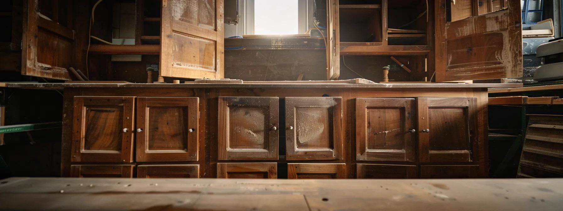 a set of solid wood cabinets being sanded and prepped for refinishing.