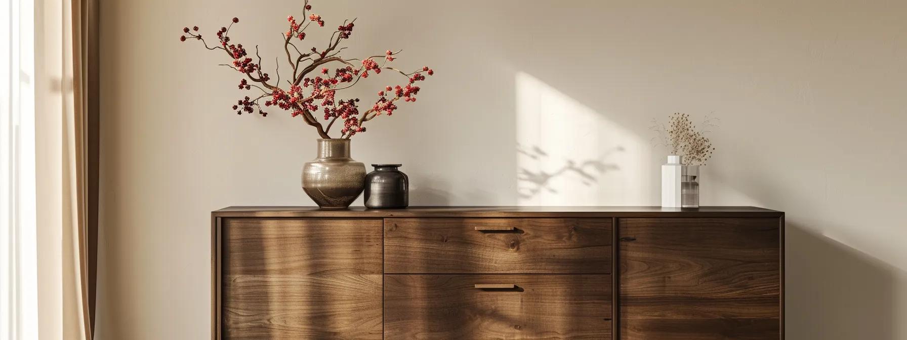 a sleek and modern san diego solid wood cabinet with a glossy espresso finish, standing against a soft, neutral-colored wall.