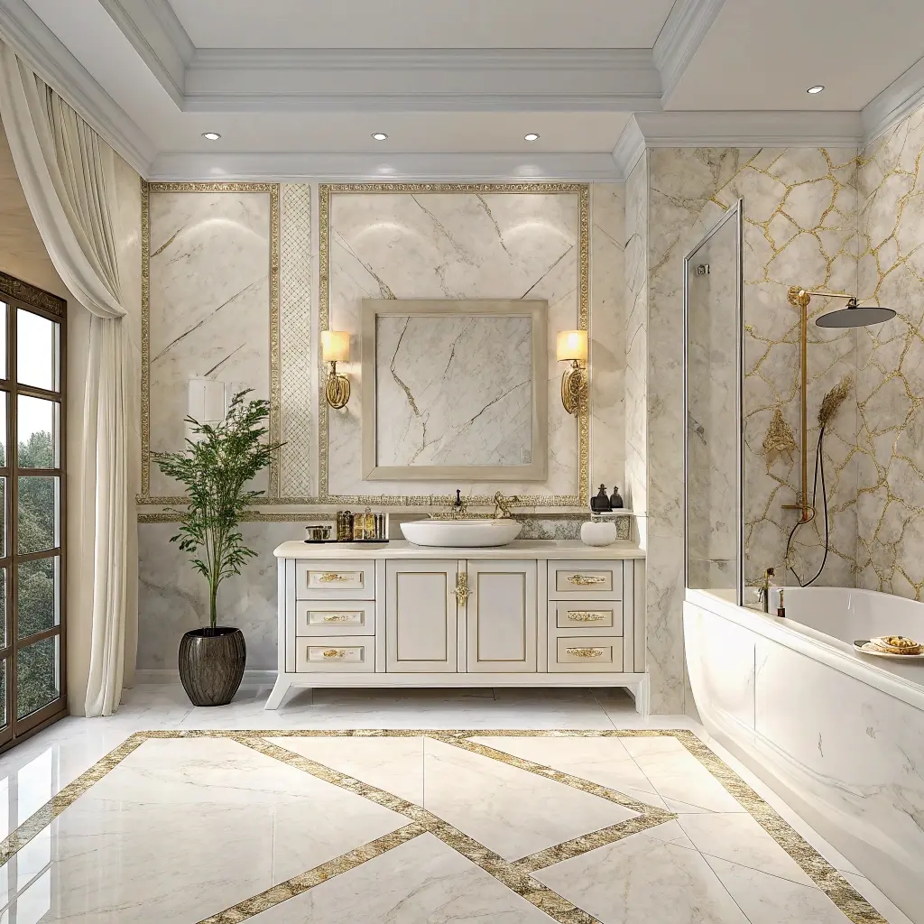 Luxury-bathroom-vanity-with-Taj-Mahal-quartzite-countertops