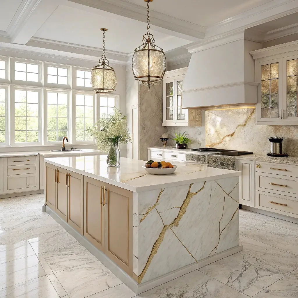 Creamy-quartzite-countertops-with-gold-veining-in-modern-kitchen