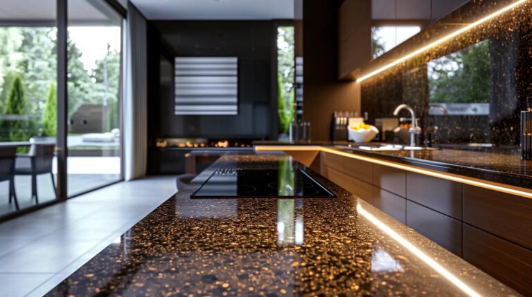 a sleek, modern kitchen showcases stunning prefab granite countertops, gleaming under soft, natural light, highlighting their elegant patterns and seamless integration into the contemporary design.