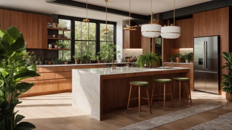 a sunlit kitchen with rich, polished wood cabinets showcasing their stunning grain and luster, surrounded by vibrant green houseplants that enhance the warmth and beauty of the space.