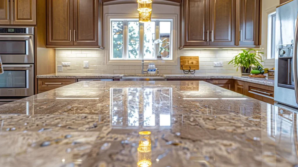 a radiant kitchen featuring a pristine prefab granite countertop with intricate patterns, illuminated by soft natural light, showcasing its elegance and reflecting the importance of proper maintenance and care.