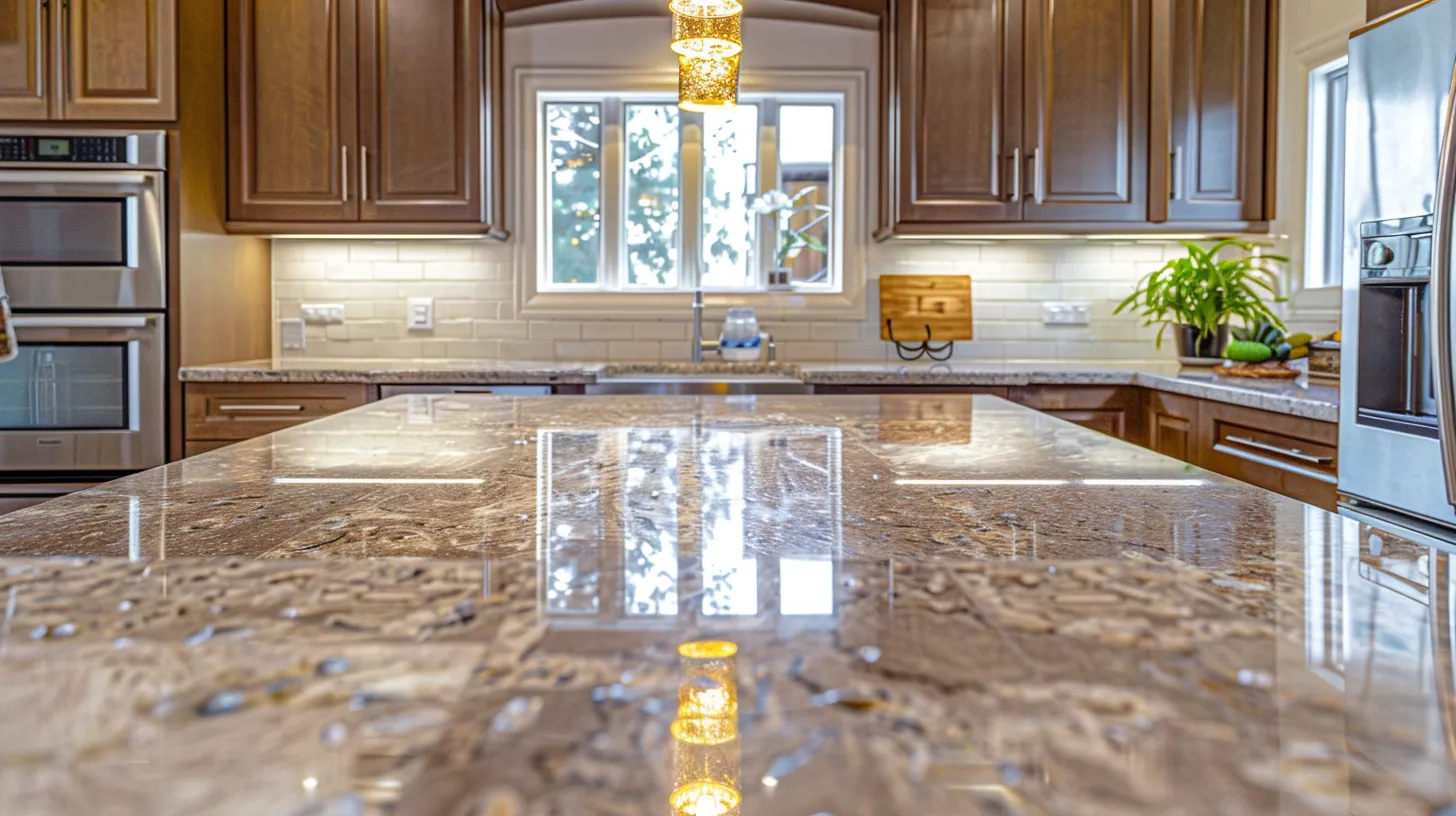 a radiant kitchen featuring a pristine prefab granite countertop with intricate patterns, illuminated by soft natural light, showcasing its elegance and reflecting the importance of proper maintenance and care. prefab granite colors and patterns