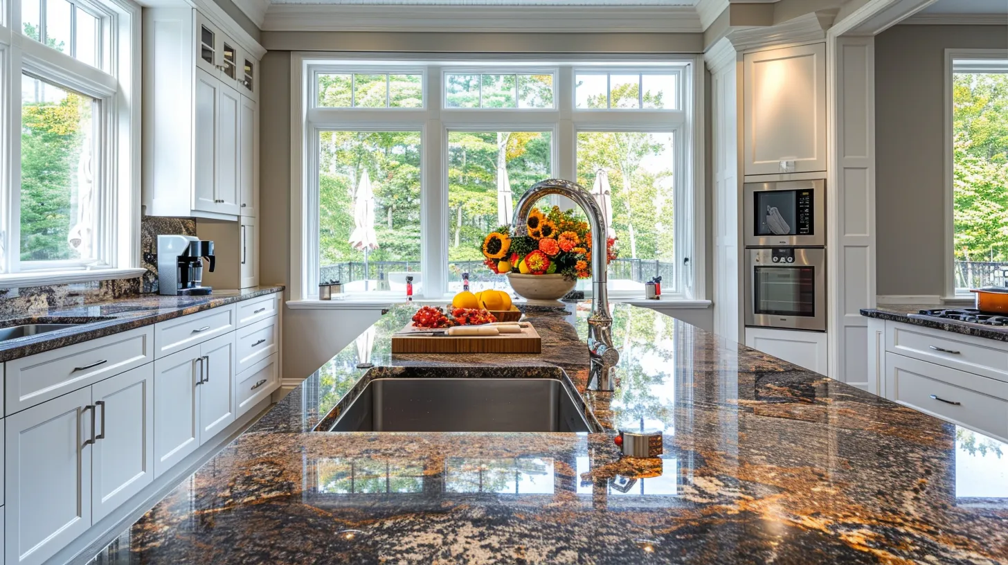 a striking kitchen showcases a stunning granite countertop featuring bold, rich colors and intricate patterns, contrasted by subtle neutral cabinetry, illuminated by warm, natural light filtering through large windows. prefab granite colors and patterns