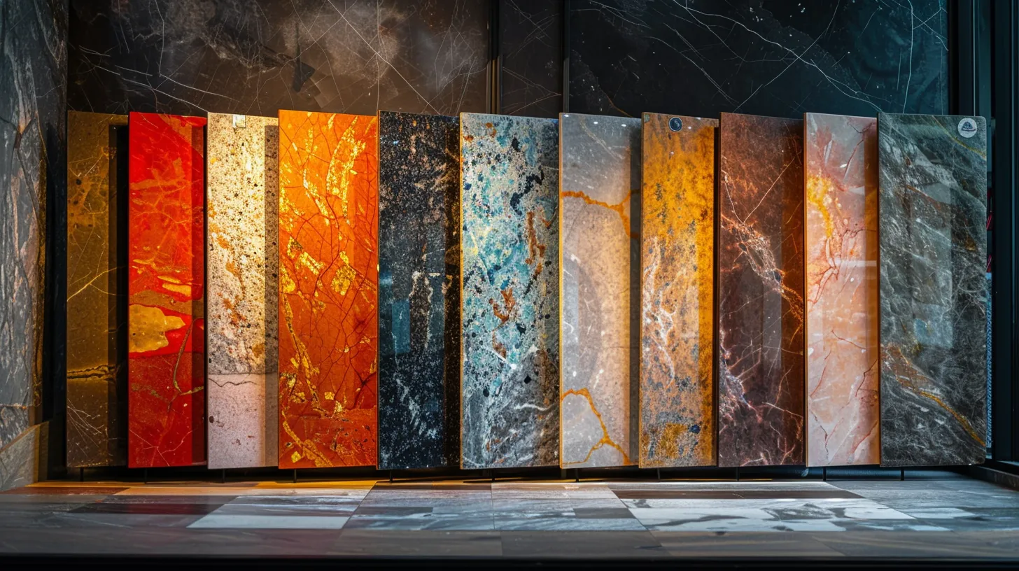 a vivid display of assorted prefab granite slabs showcasing an array of striking colors and intricate patterns, illuminated by soft, natural light to highlight their unique textures and beauty.