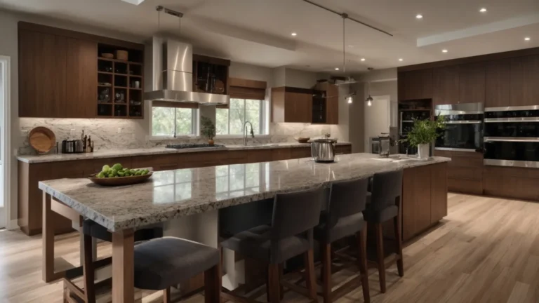 a beautifully arranged kitchen showcasing a striking contrast between sleek prefab granite countertops and warm, traditional stone accents, illuminated by soft, natural light to emphasize both elegance and functionality.