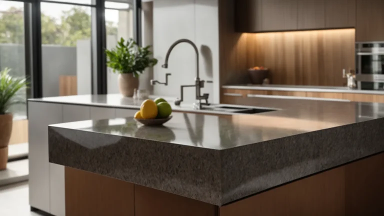a stunning close-up of a beautifully textured prefab granite surface, reflecting natural light, showcases its durability and elegance in a modern kitchen setting.
