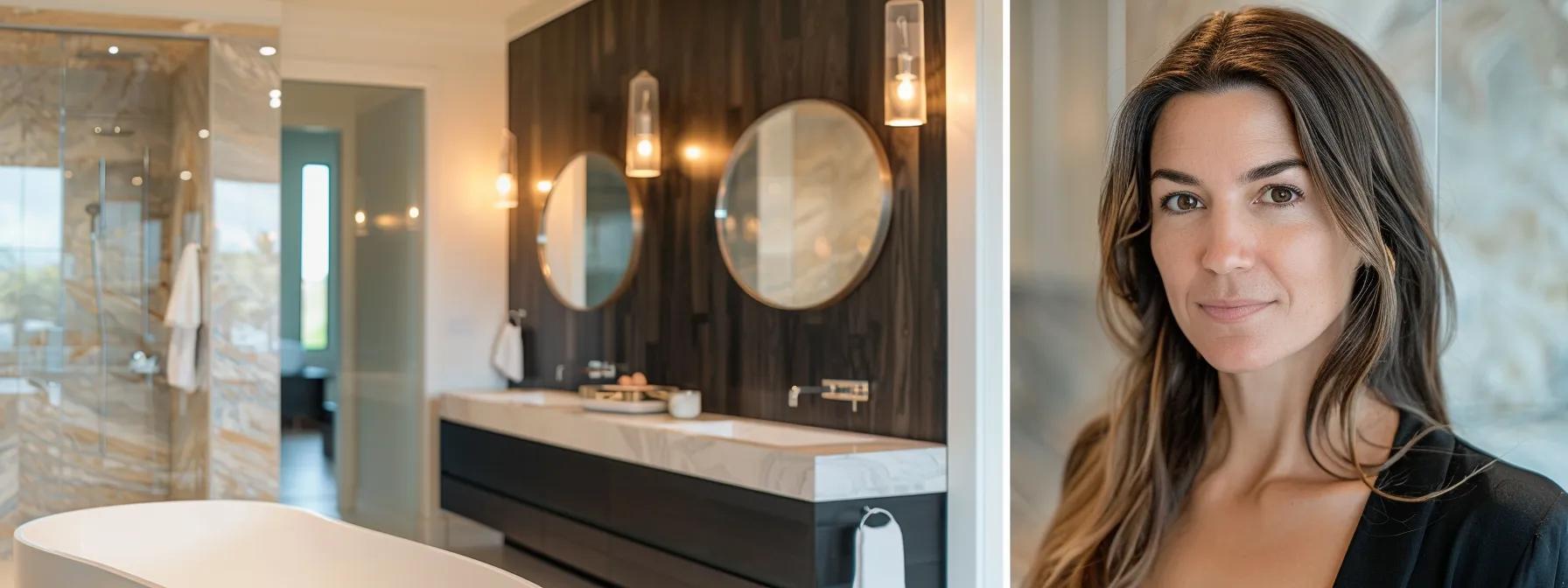 a sleek, modern bathroom showcases an array of high-end cabinets with elegant designs and premium finishes, illuminated by soft, ambient lighting to highlight the craftsmanship and luxurious materials used in san diego renovations.