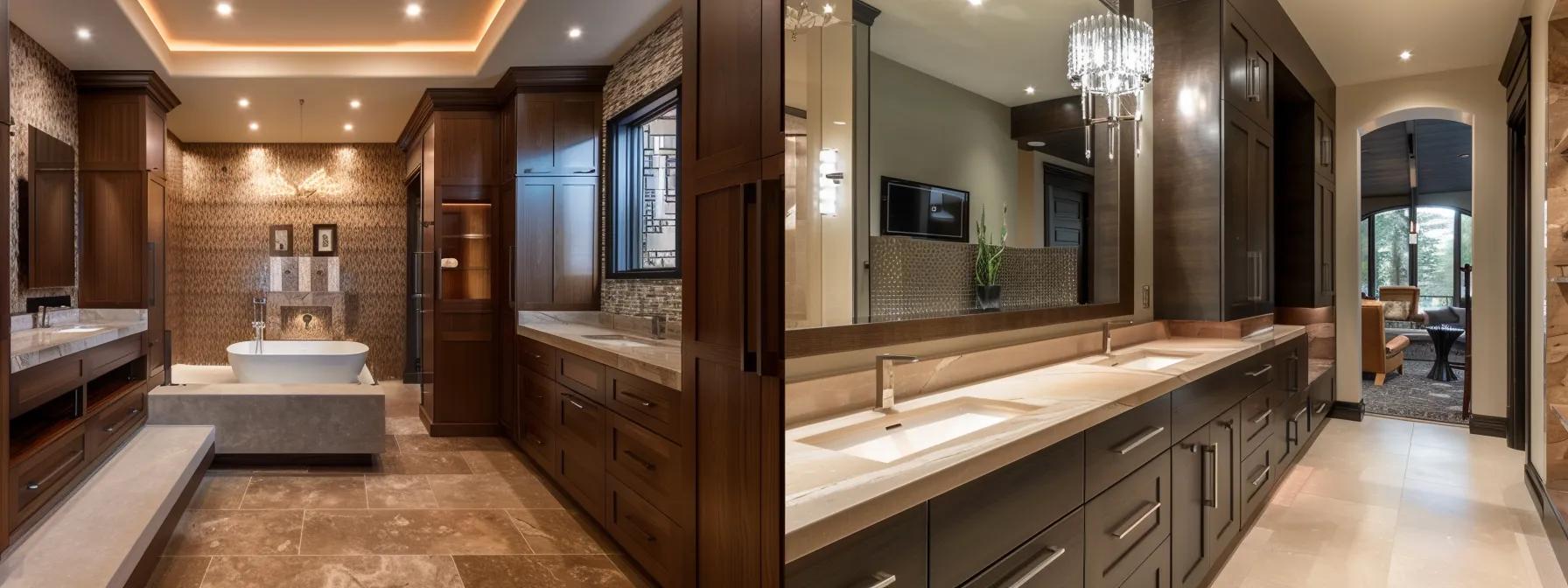 a chic san diego bathroom boasts sleek, modern cabinetry seamlessly integrated with elegant fixtures and stylish tiles, showcasing the thoughtful design and meticulous installation process in an upscale indoor setting.