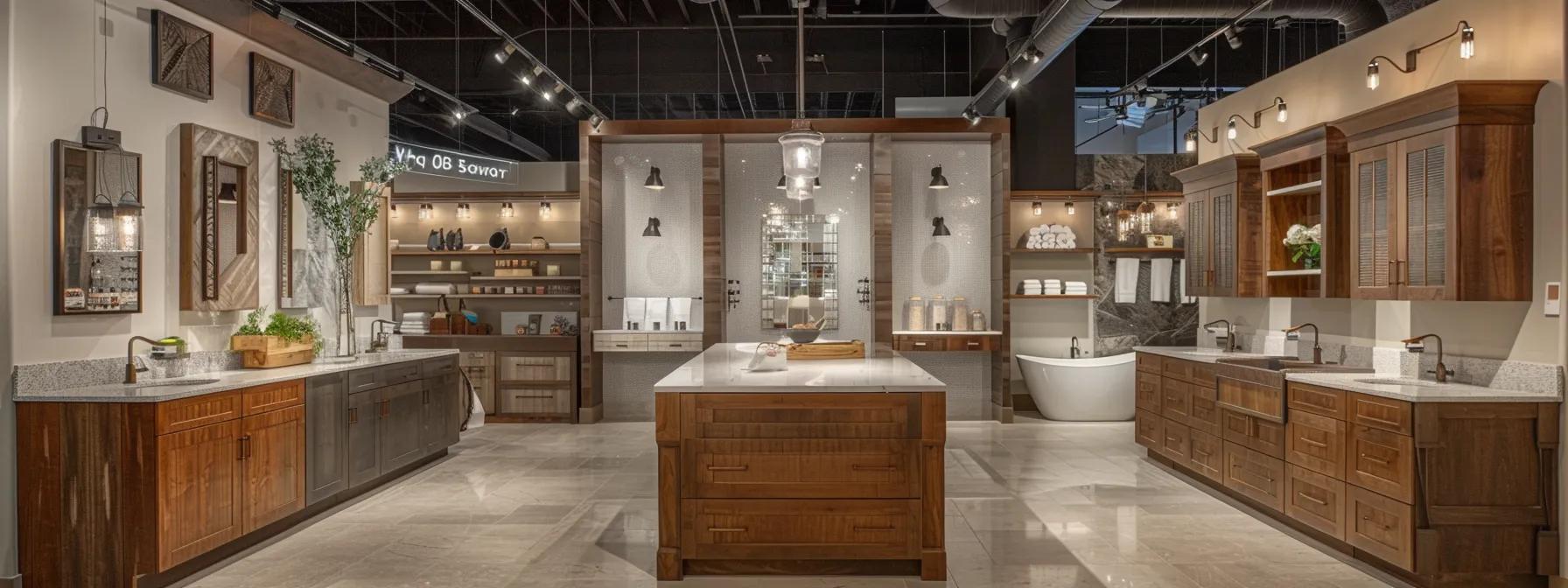 a meticulously organized san diego bathroom showroom showcases an array of stylish cabinetry, featuring sleek lines and contemporary finishes, under bright, focused lighting that highlights the balance of aesthetics and functionality in decision-making.