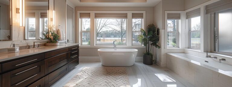 a sleek, modern bathroom featuring an array of stylish cabinetry and fixtures, illuminated by soft, ambient lighting to highlight the contemporary design elements and create an inviting atmosphere for a chic renovation showcase.
