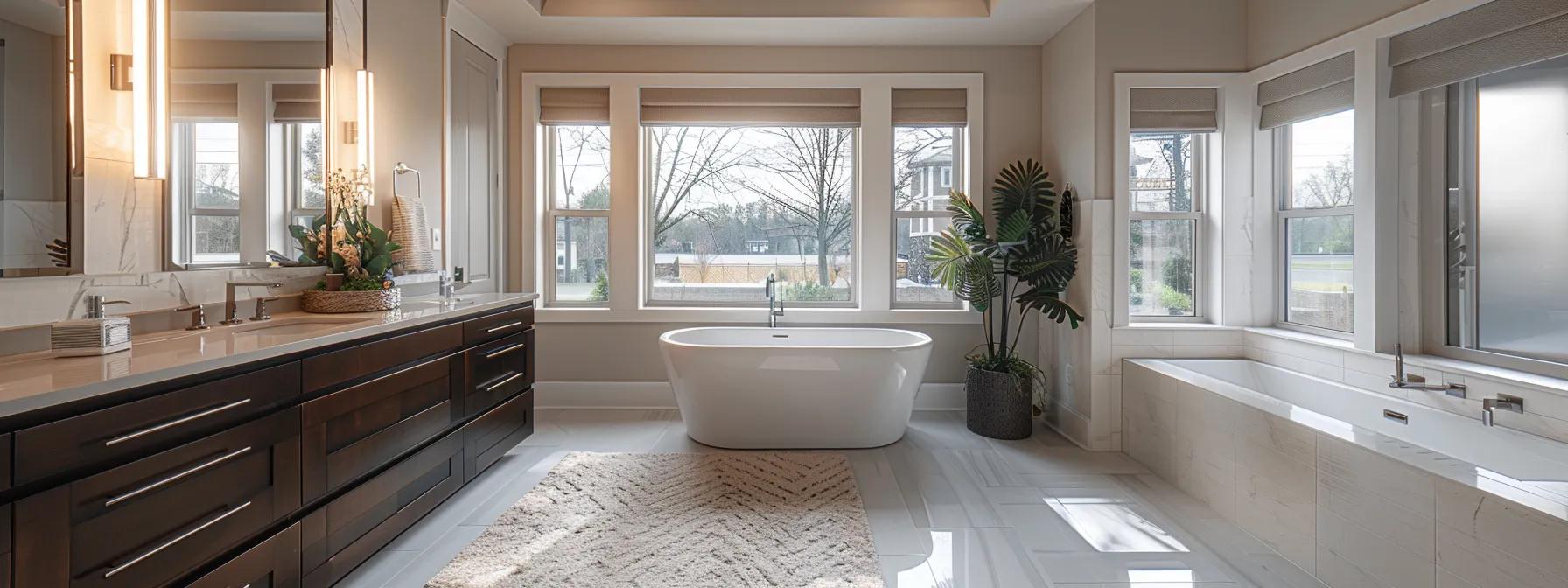 a sleek, modern bathroom featuring an array of stylish cabinetry and fixtures, illuminated by soft, ambient lighting to highlight the contemporary design elements and create an inviting atmosphere for a chic renovation showcase.