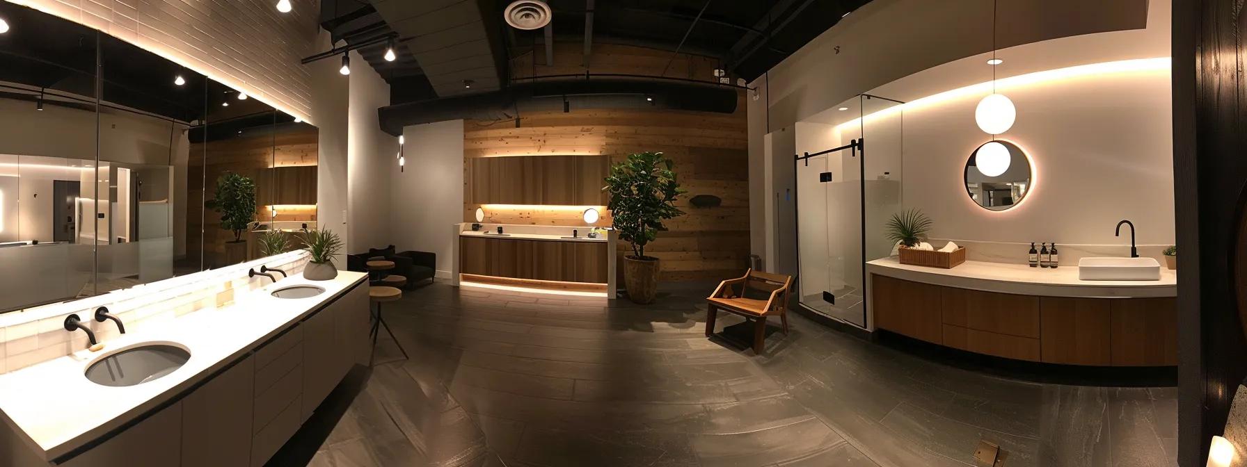 a sleek, modern office showroom in san diego showcases an array of high-end bathroom cabinets from leading brands, illuminated by bright, focused lighting that highlights the craftsmanship and style of each piece.