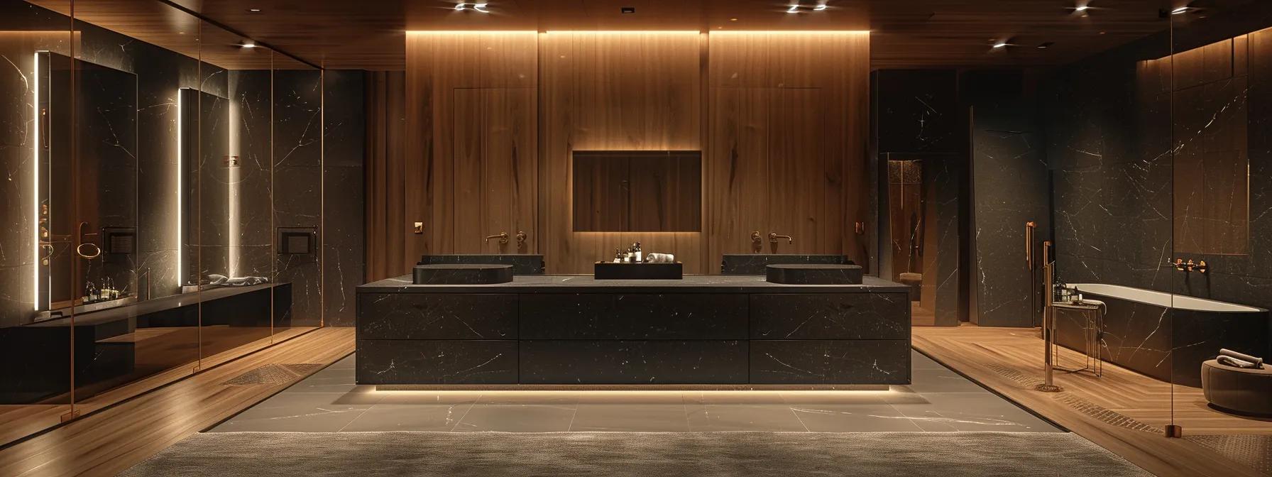 a sophisticated bathroom showroom featuring an array of high-end bathroom cabinets, showcasing sleek designs and luxurious finishes under focused, modern lighting that highlights the craftsmanship and quality of each piece.