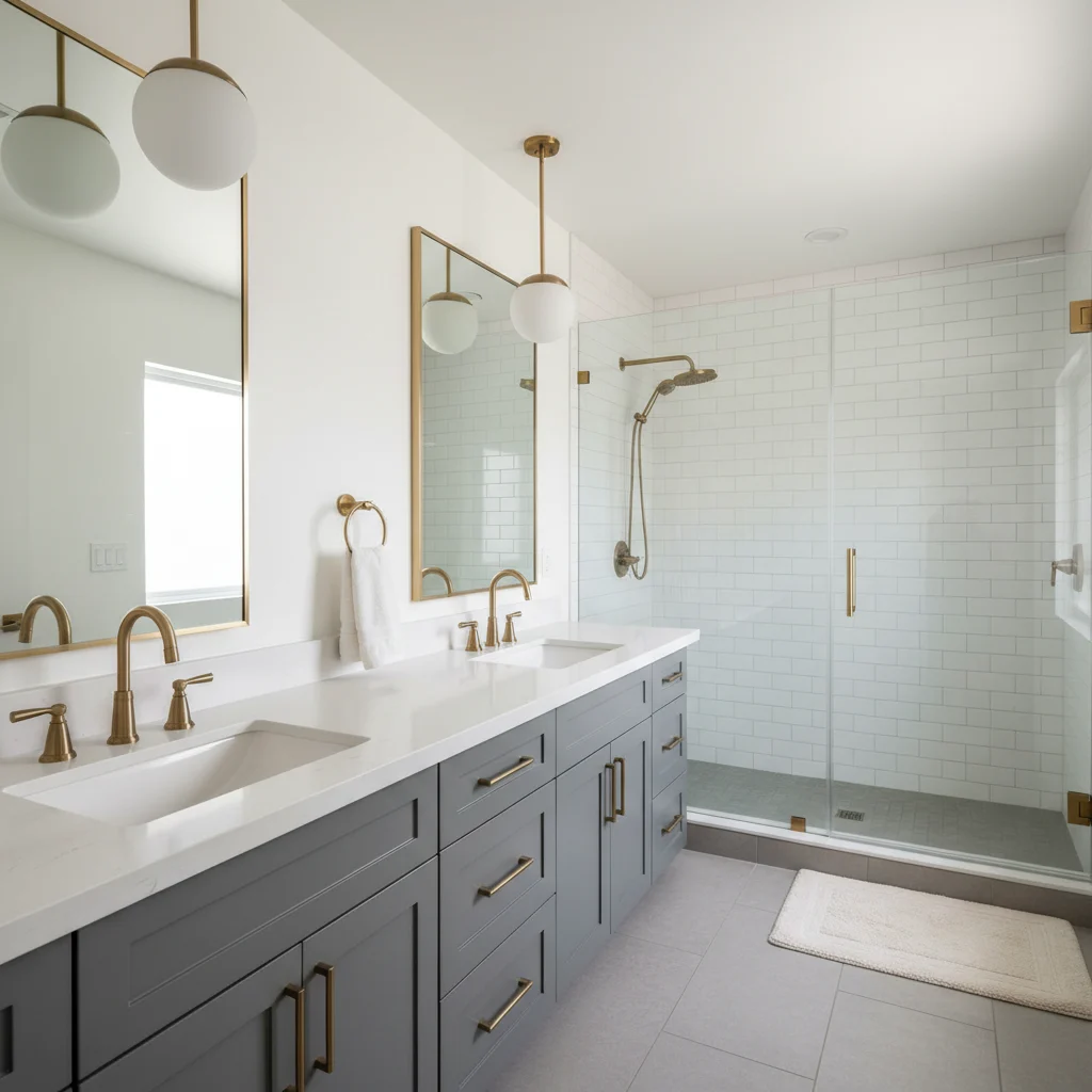 A luxurious, photorealistic bathroom interior in a La Mesa home featuring a double vanity with white quartz countertops, modern brushed gold faucets, and charcoal grey shaker-style cabinets. The scene includes a large walk-in shower with white subway tile and a glass door. The lighting is soft and natural, emphasizing a clean and high-end aesthetic. No people, no text, 16:9 aspect ratio.
