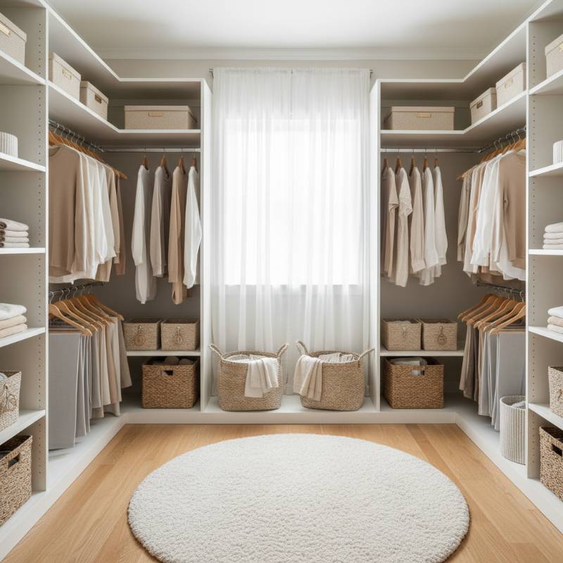 A bright, airy walk-in closet with white wooden shelves, hanging rods, and wicker storage baskets on the floor.