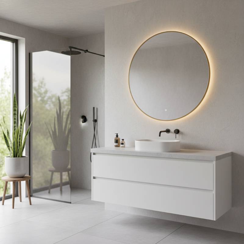 A minimalist bathroom featuring a floating white vanity and a large circular mirror with soft backlighting