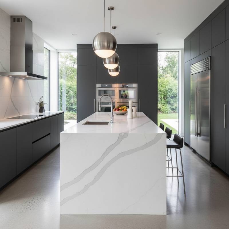 A luxury kitchen featuring a large quartzite island with soft grey veining and stainless steel appliances