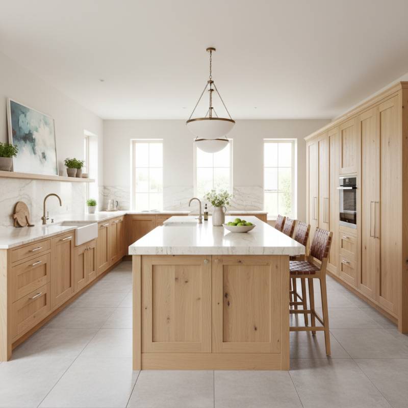 A bright, spacious kitchen featuring light oak cabinetry and a large central island with a smooth stone surface.