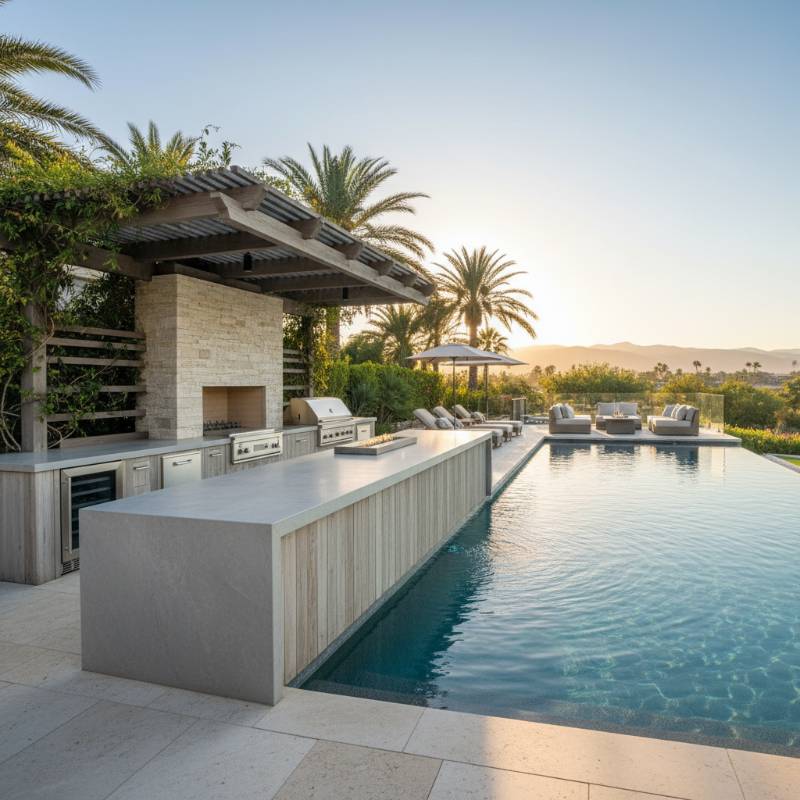 A luxurious outdoor kitchen with light gray porcelain countertops featuring a waterfall edge next to a swimming pool.