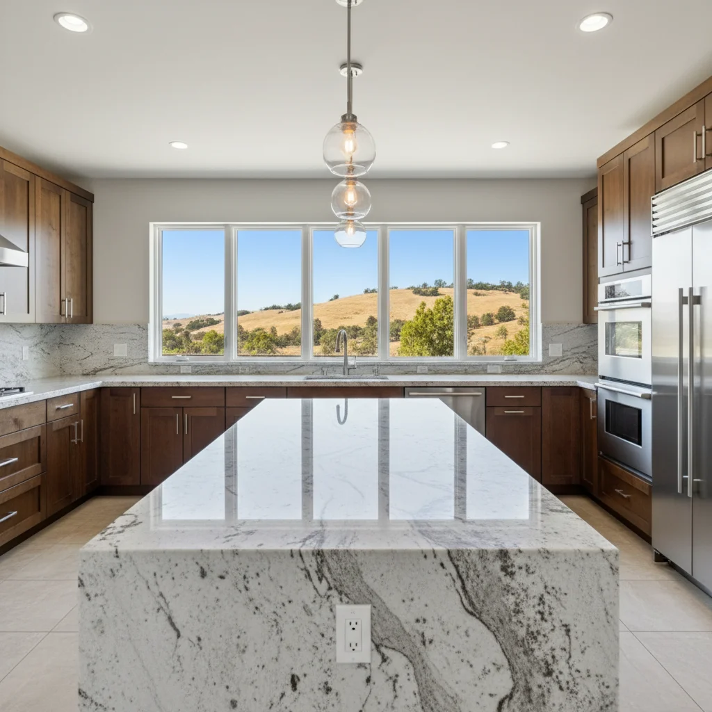 A wide-angle, high-resolution photograph of a modern La Mesa kitchen featuring a large island with a stunning white and gray granite countertop. The kitchen has dark wood cabinets, pendant lighting, and large windows showing a glimpse of a sunny California landscape. The granite slab shows intricate natural patterns. Professional interior design photography style.