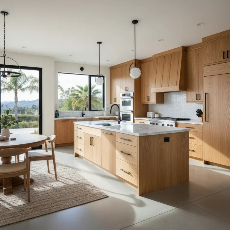A professional, wide-angle interior photograph of a luxury kitchen in Vista, California. The scene features elegant solid wood kitchen cabinets in a light oak finish with modern black hardware. The kitchen has white marble countertops, a clean tile backsplash, and high-end stainless steel appliances. Natural light fills the room, highlighting the fine wood grain and craftsmanship. 8k resolution, architectural photography style.