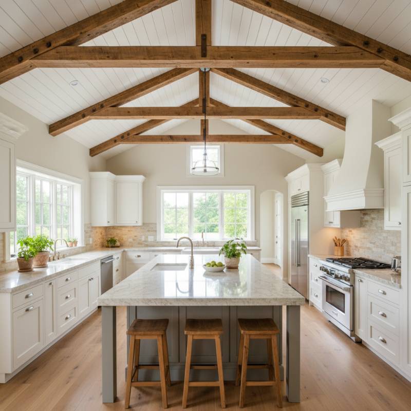 A wide-angle view of a bright ranch-style kitchen featuring vaulted wood-beam ceilings and a large island topped with light-colored quartzite.