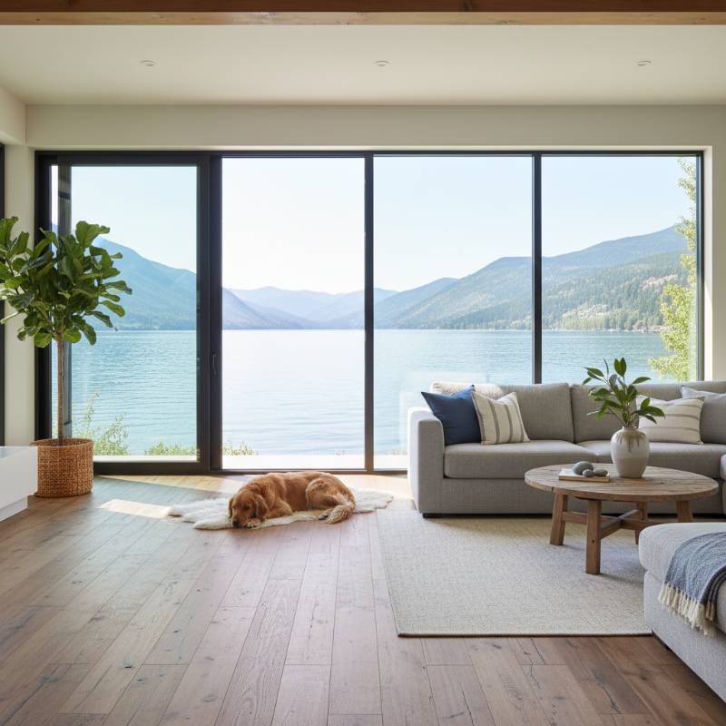 A bright, airy lakeside living room with durable wood-look flooring and a large dog resting near a glass sliding door overlooking the water.